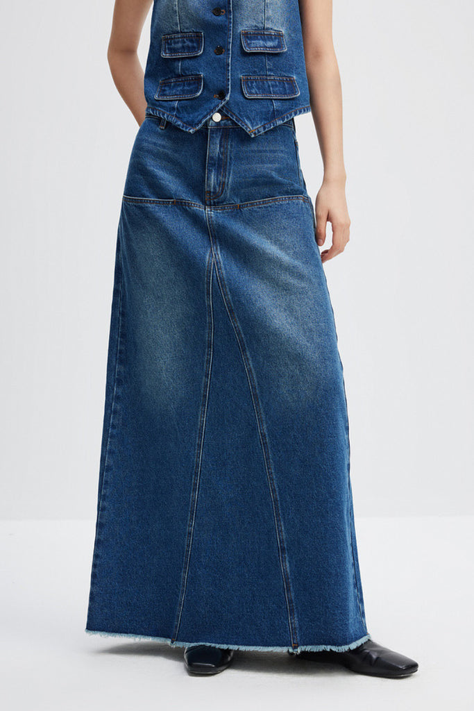 Fibflx Women's Reconstructed High-Rise Denim Maxi Skirt with Raw Hem