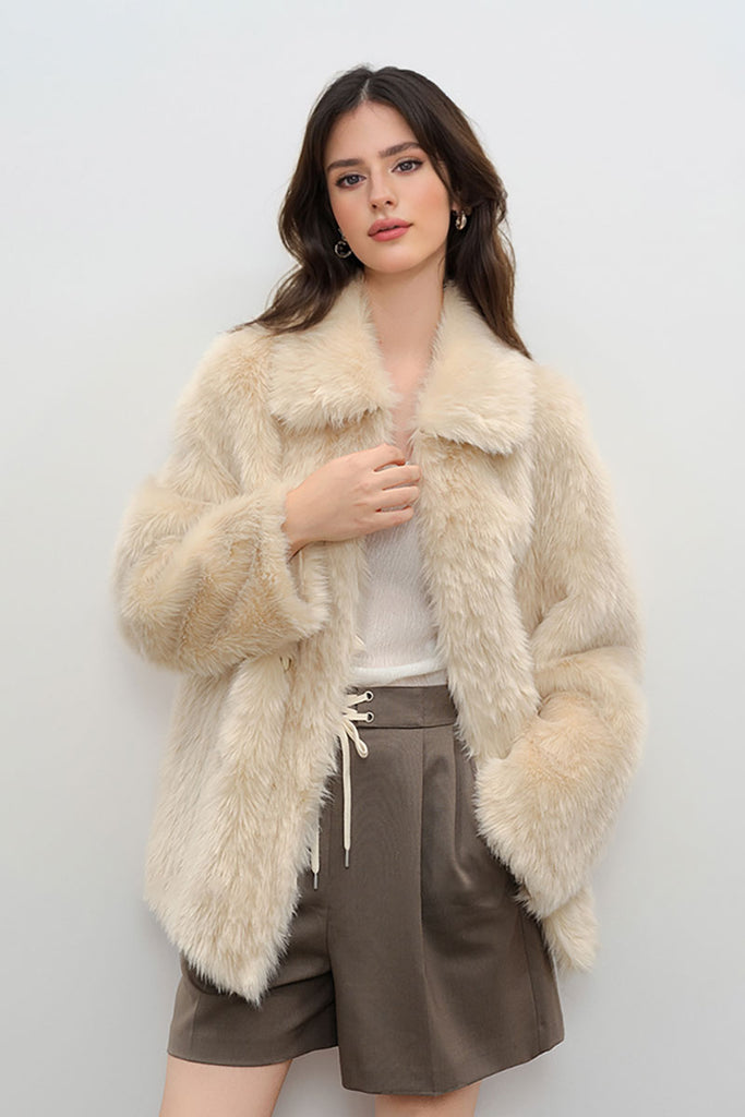 Fibflx Women's Recycled Faux Fur Double Breasted Mid-Length Coat