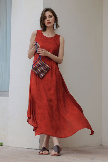 Red Asymmetrical Tiered Sleeveless Maxi Dress with Floral Print Orange Red / L Fibflx