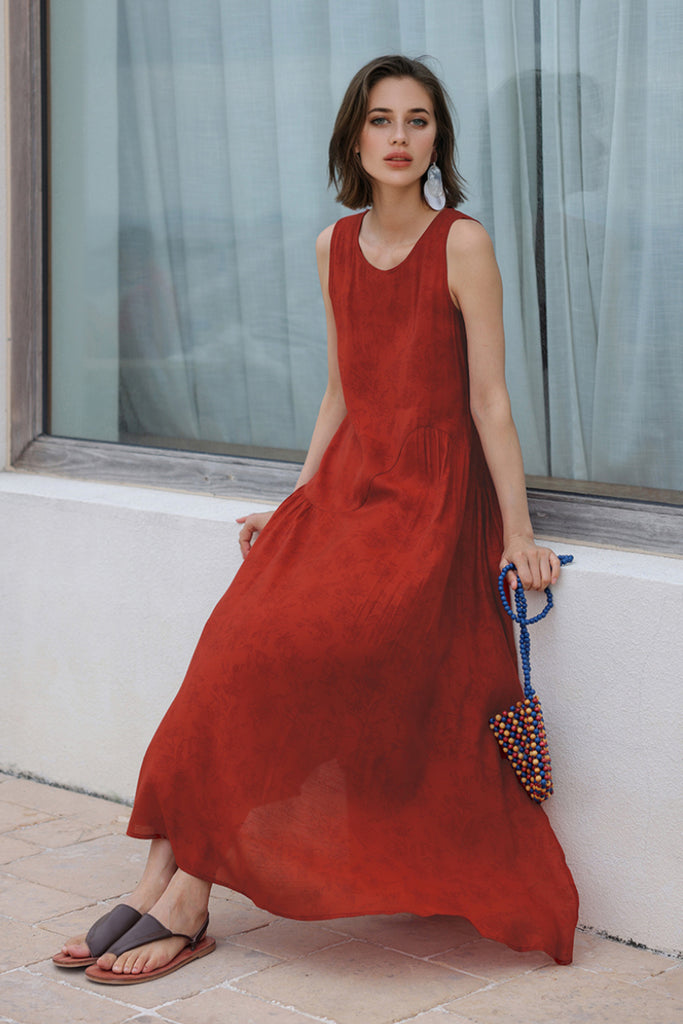 Red Asymmetrical Tiered Sleeveless Maxi Dress with Floral Print  Fibflx