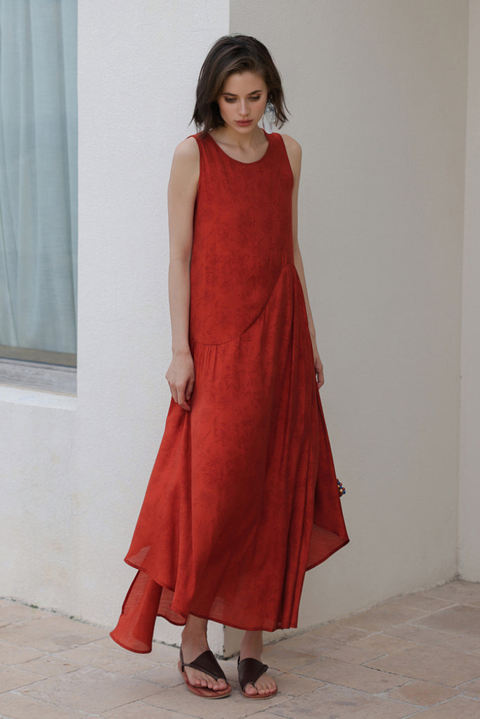 Red Asymmetrical Tiered Sleeveless Maxi Dress with Floral Print  Fibflx