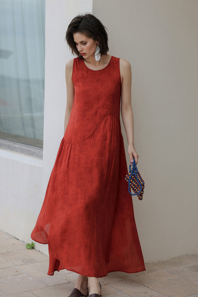 Red Asymmetrical Tiered Sleeveless Maxi Dress with Floral Print  Fibflx