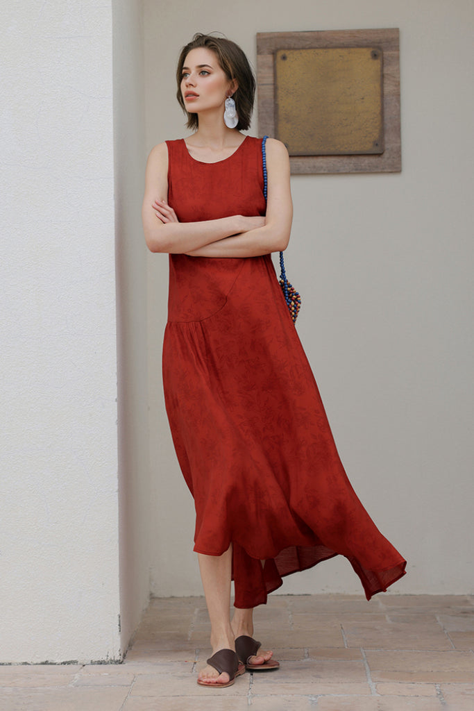 Red Asymmetrical Tiered Sleeveless Maxi Dress with Floral Print  Fibflx