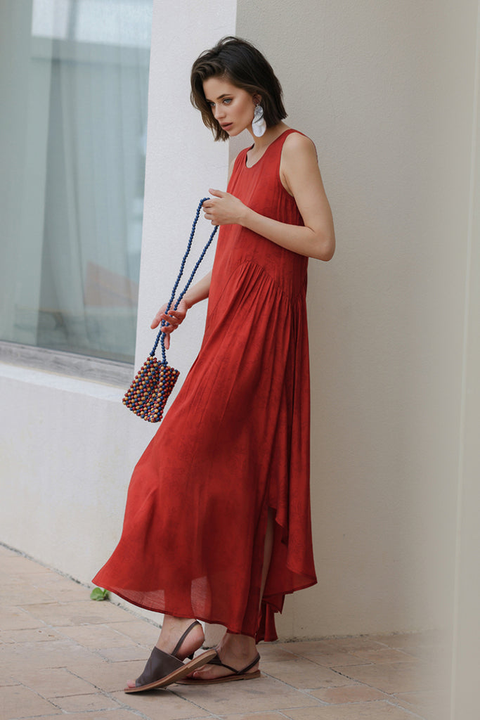 Red Asymmetrical Tiered Sleeveless Maxi Dress with Floral Print  Fibflx