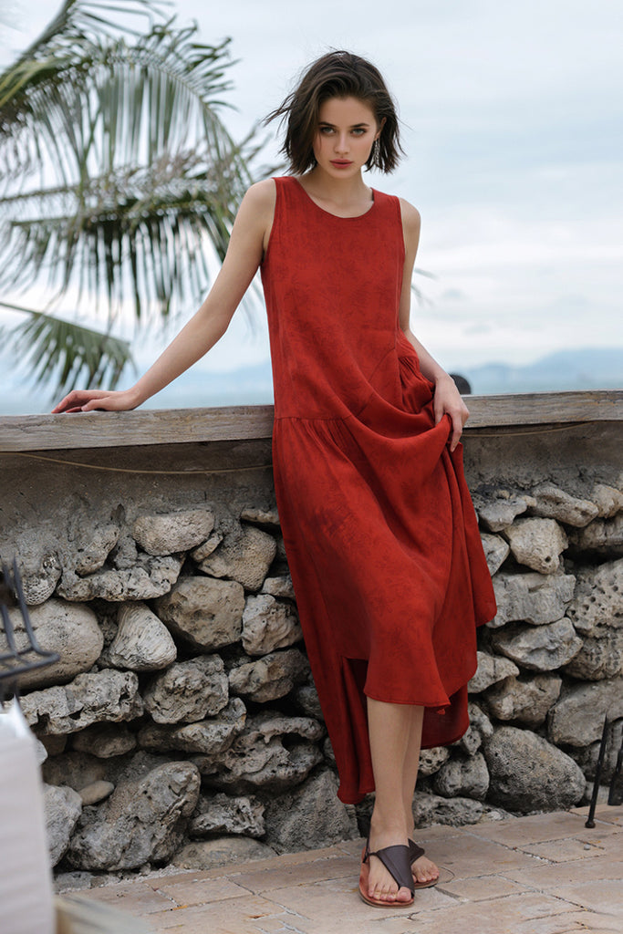 Red Asymmetrical Tiered Sleeveless Maxi Dress with Floral Print  Fibflx