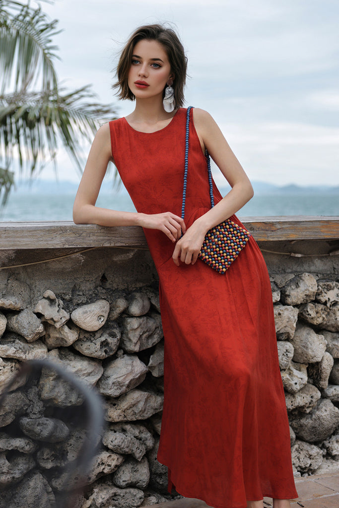Red Asymmetrical Tiered Sleeveless Maxi Dress with Floral Print  Fibflx