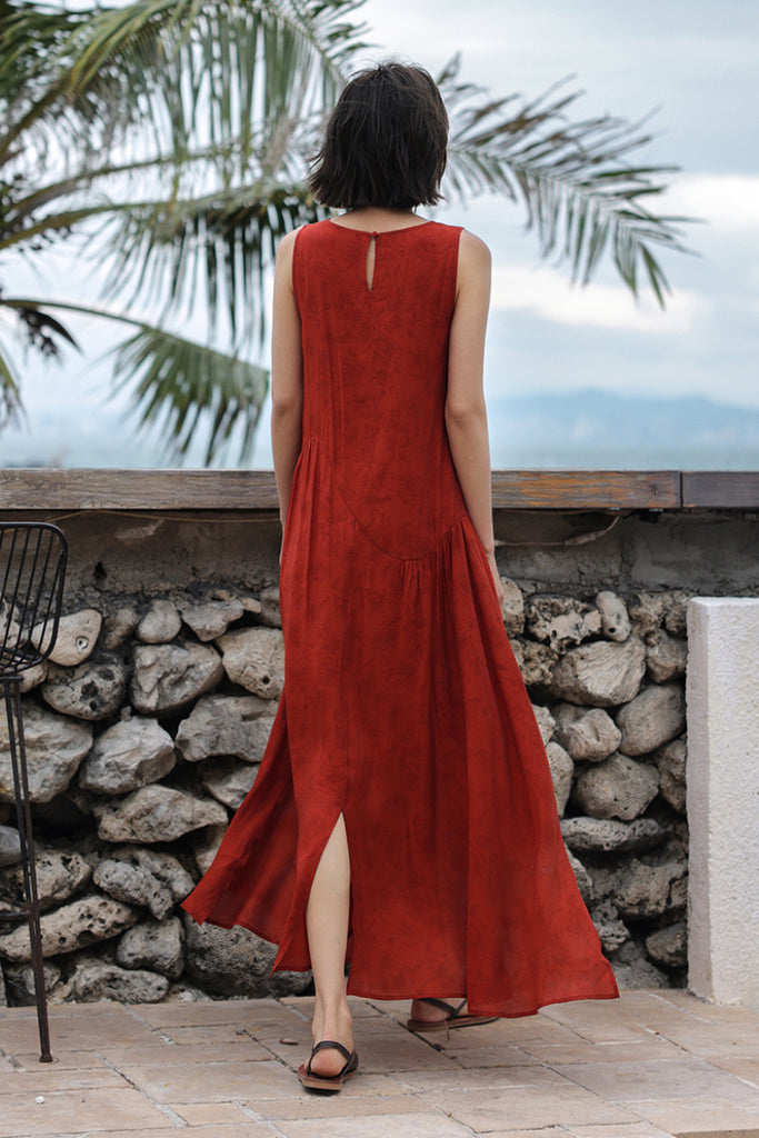 Red Asymmetrical Tiered Sleeveless Maxi Dress with Floral Print  Fibflx