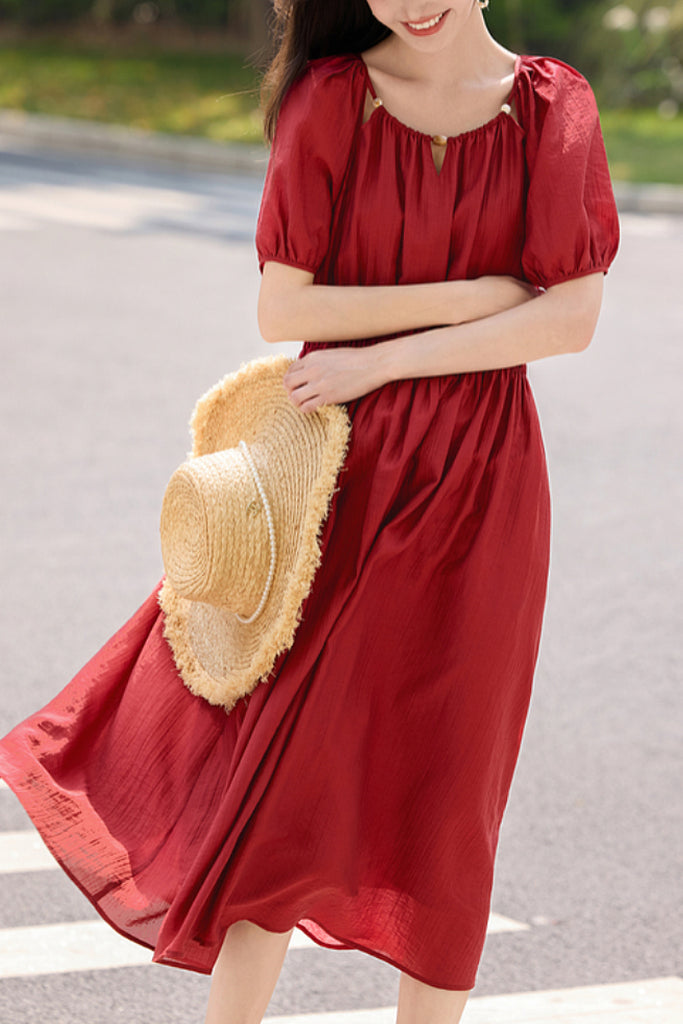 Red Beaded Puff-Sleeve A-Line Midi Dress  Fibflx