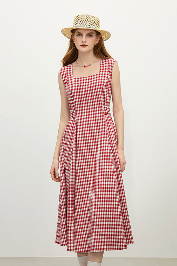 Red Gingham A-Line Midi Dress with Back Tie - Fibflx