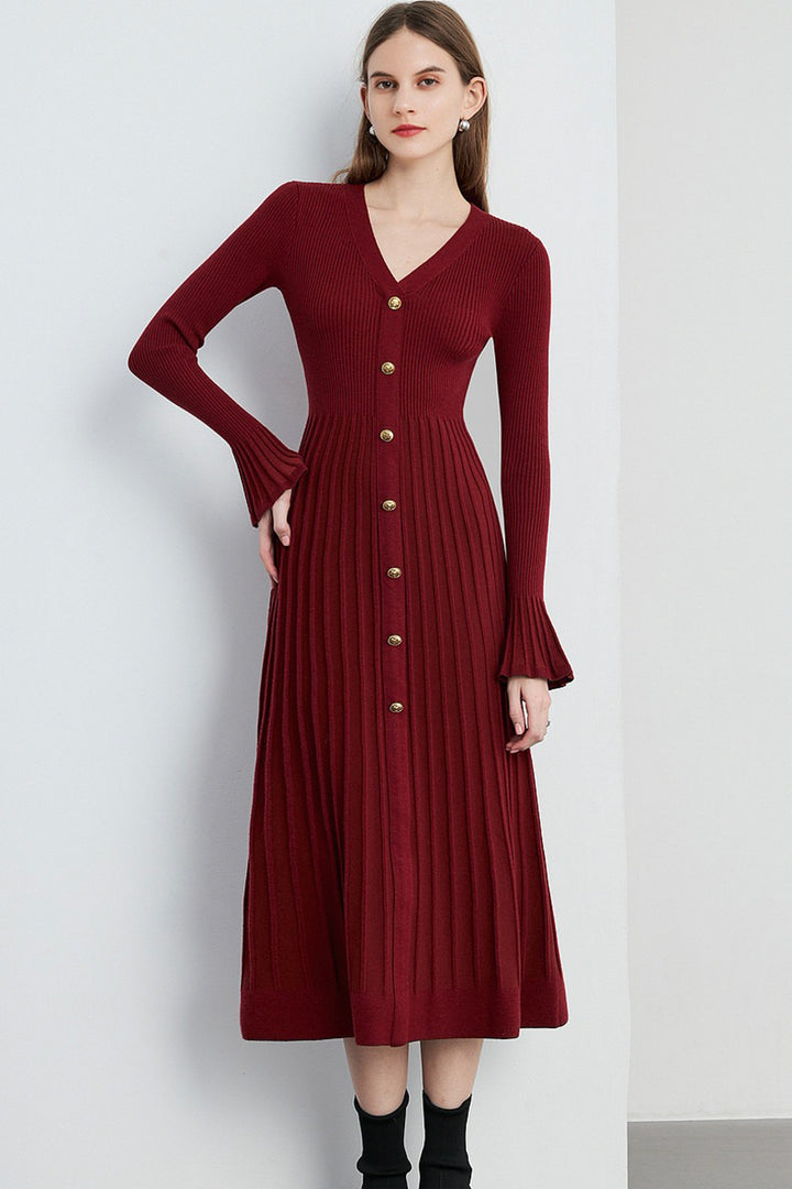 Red Long Sleeve Ribbed Midi Sweater Dress with Buttons  Fibflx