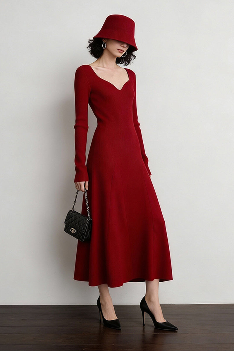red midi knit dress Long Sleeve Sweetheart Sweater Ancora Red / M Two-Piece Dresses