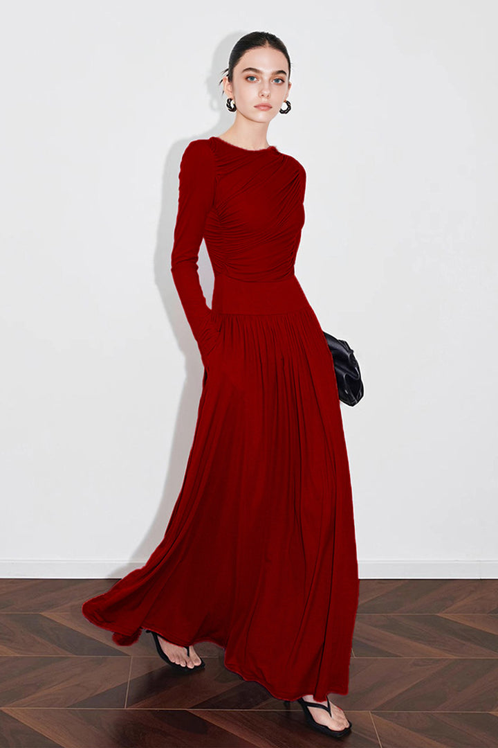 Red Ruched Long Sleeve Maxi Dress  Fibflx