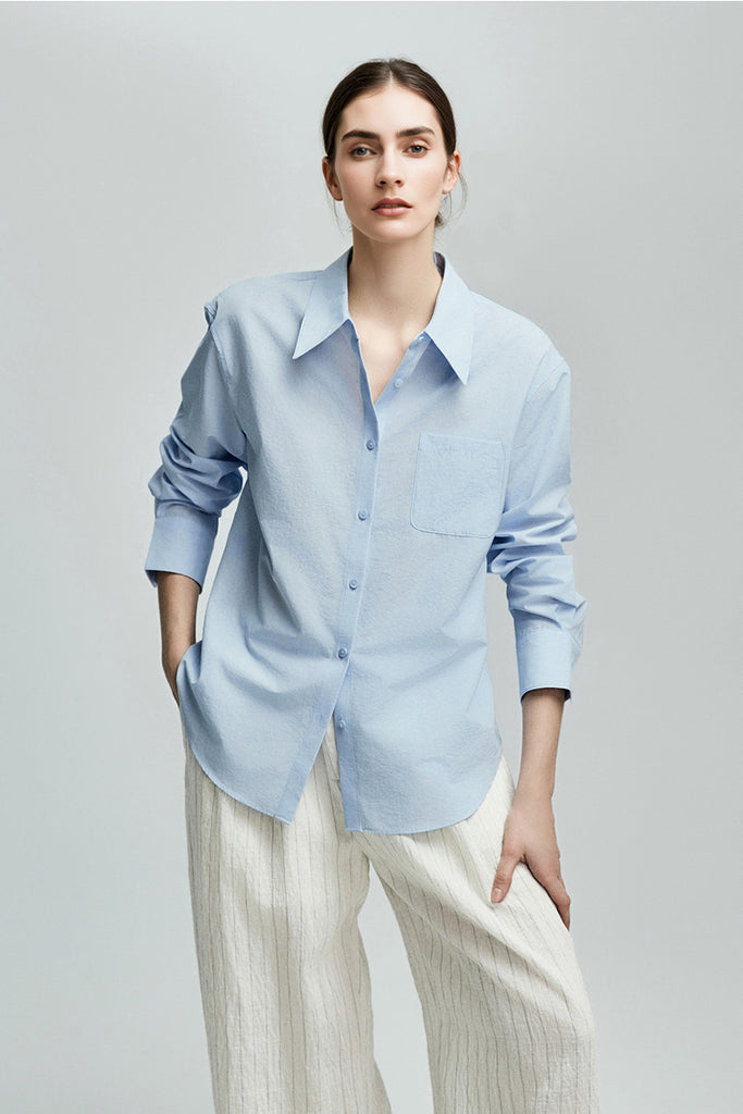 Relaxed Button Down Shirt with Pocket in Cotton XL / Baby Blue / 100% Cotton Fibflx