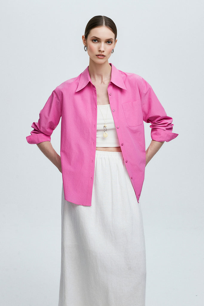 Relaxed Button Down Shirt with Pocket in Cotton XL / Hot Pink / 100% Cotton Fibflx