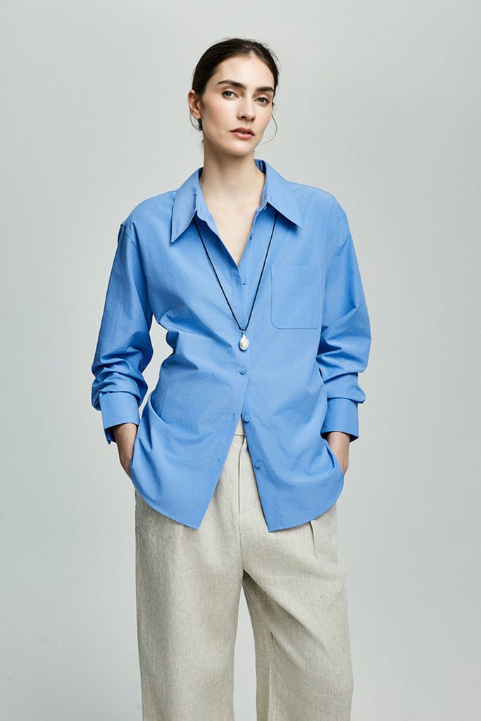 Relaxed Button Down Shirt with Pocket in Cotton XL / Klein Blue / 100% Cotton Fibflx