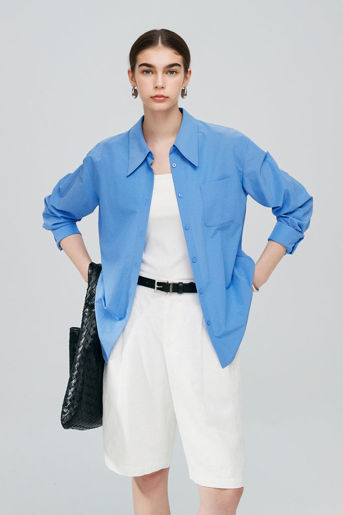 Relaxed Button Down Shirt with Pocket in Cotton  Fibflx