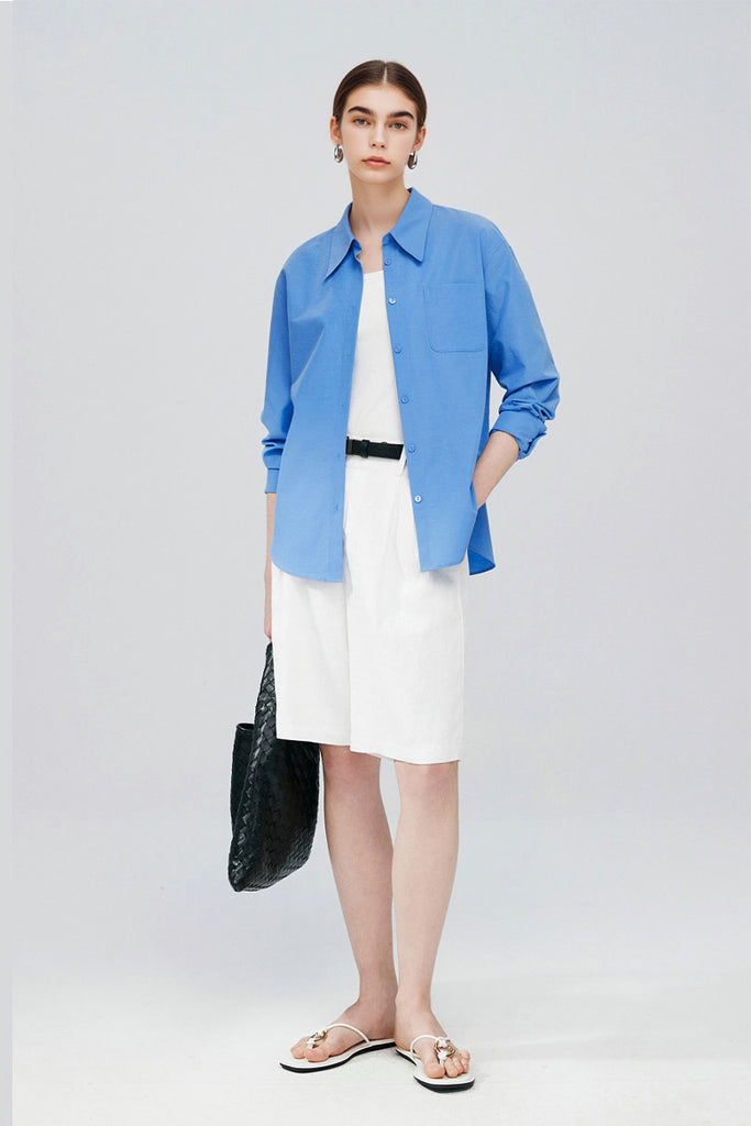 Relaxed Button Down Shirt with Pocket in Cotton  Fibflx