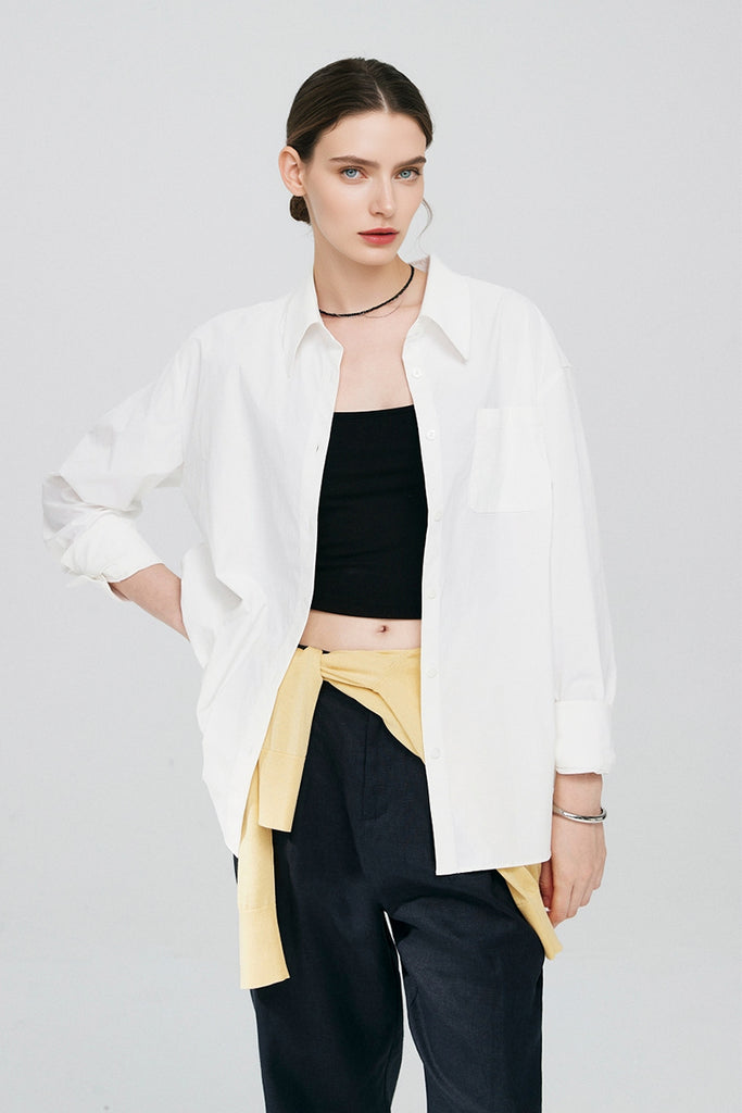 Relaxed Button Down Shirt with Pocket in Cotton  Fibflx