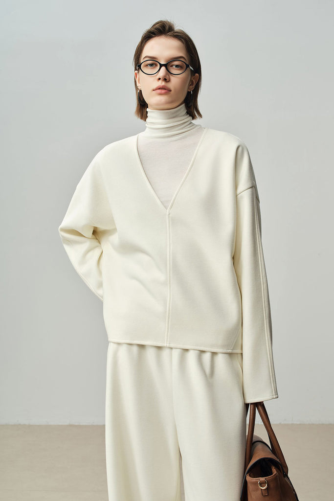 Relaxed Cashmere Blend Deep V-Neck Sweatshirt  Fibflx