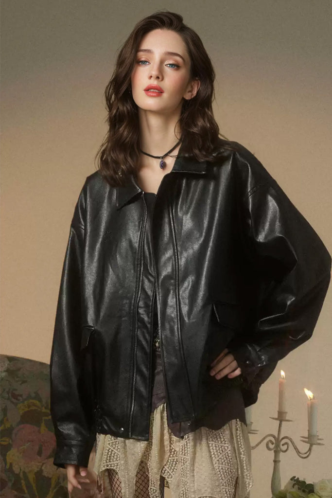 Relaxed Faux Leather Zip-Up Bomber Jacket L / Black / 100% PU Leather Fibflx