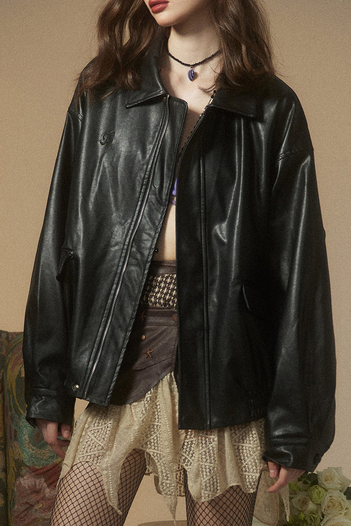 Relaxed Faux Leather Zip-Up Bomber Jacket  Fibflx