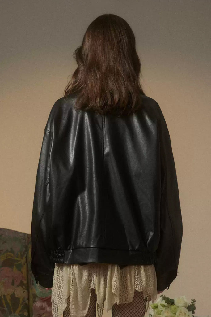 Relaxed Faux Leather Zip-Up Bomber Jacket  Fibflx