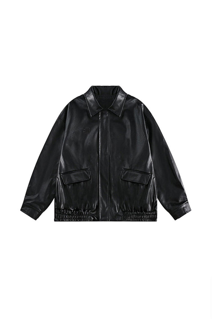 Relaxed Faux Leather Zip-Up Bomber Jacket  Fibflx