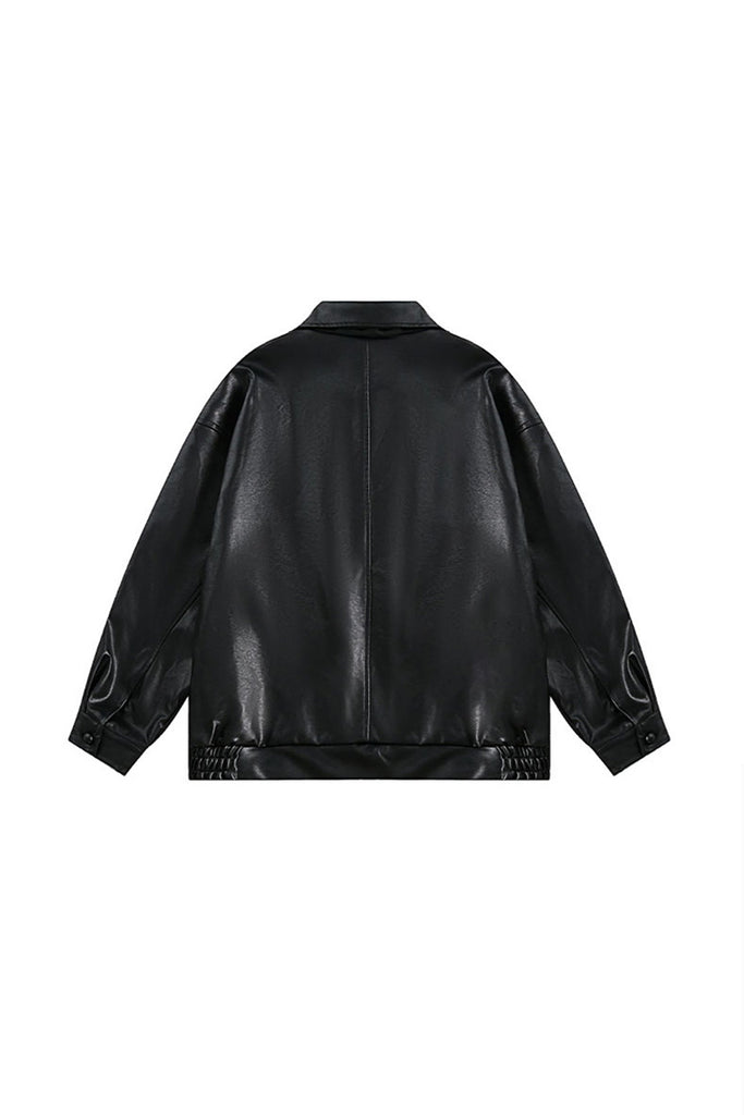 Relaxed Faux Leather Zip-Up Bomber Jacket  Fibflx