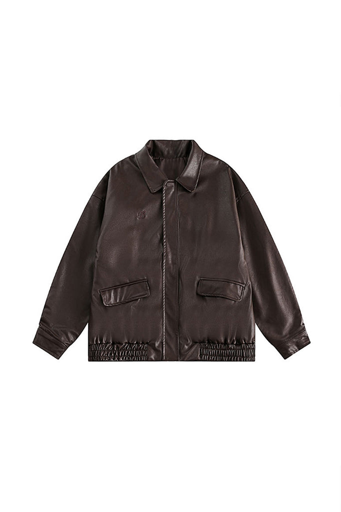 Relaxed Faux Leather Zip-Up Bomber Jacket  Fibflx