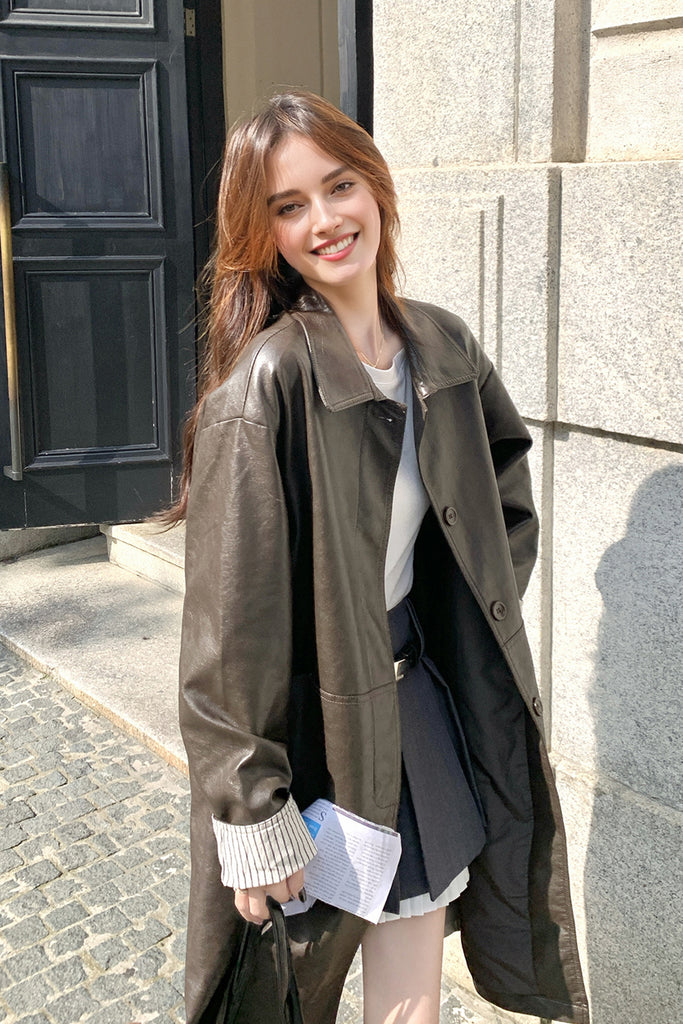 Relaxed Fit Leather Trench Coat in Brown  Fibflx