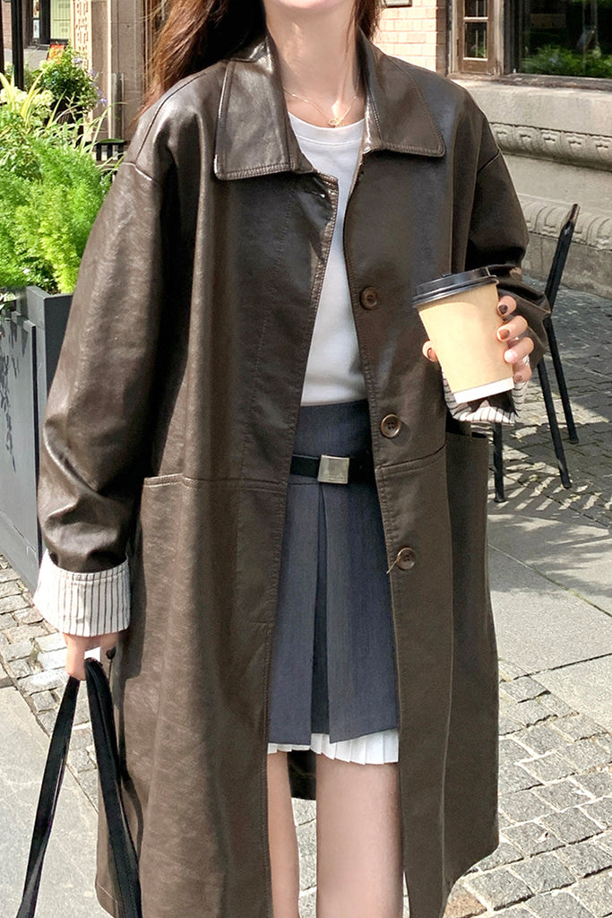 Relaxed Fit Leather Trench Coat in Brown  Fibflx
