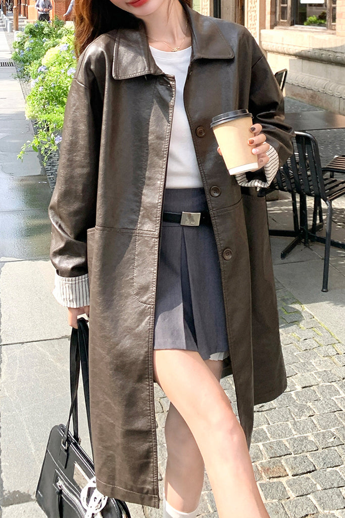 Relaxed Fit Leather Trench Coat in Brown  Fibflx