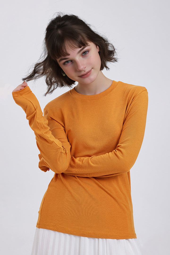 Relaxed Fit Lyocell-Silk Long-Sleeve Crewneck T-Shirt M / Acorn Orange / 62.8% Lyocell 27% Acetate 6% Mu Fibflx
