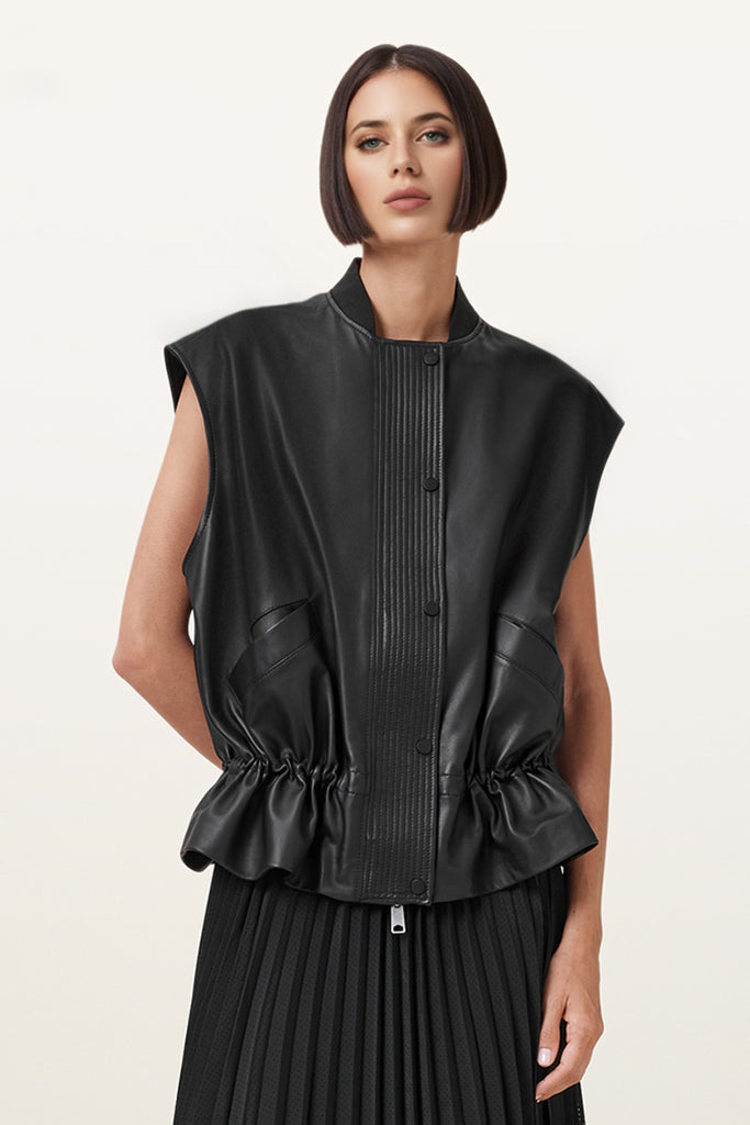 Relaxed Fit Nappa Leather Drawstring Vest  Fibflx