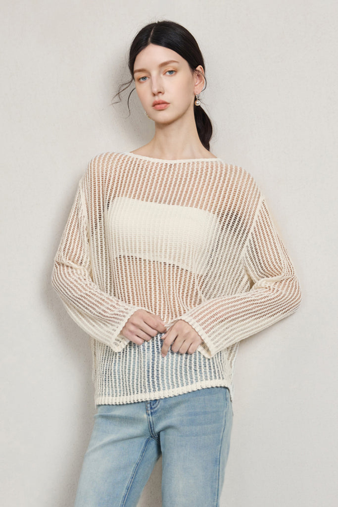 Relaxed Open-Knit Sheer Long-Sleeve Beach Cover-Up Top L / Ivory / 99% Polyester 1.0% Spandex Fibflx