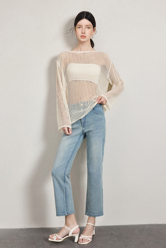 Relaxed Open-Knit Sheer Long-Sleeve Beach Cover-Up Top  Fibflx