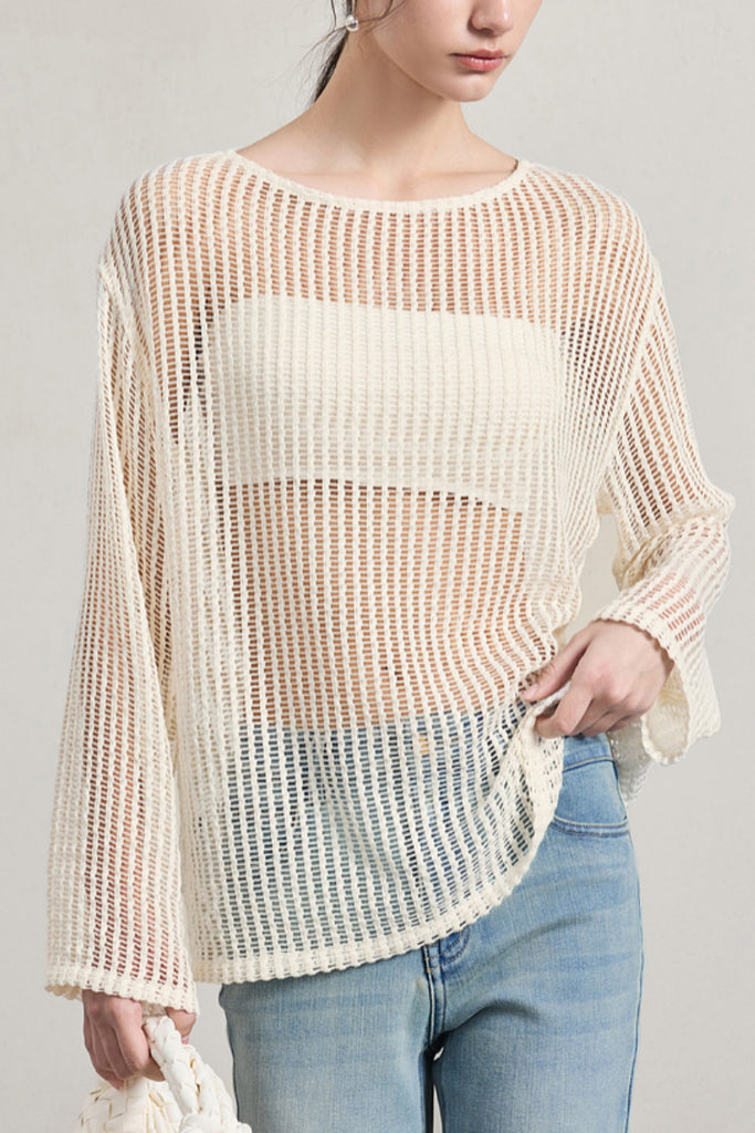 Relaxed Open-Knit Sheer Long-Sleeve Beach Cover-Up Top  Fibflx