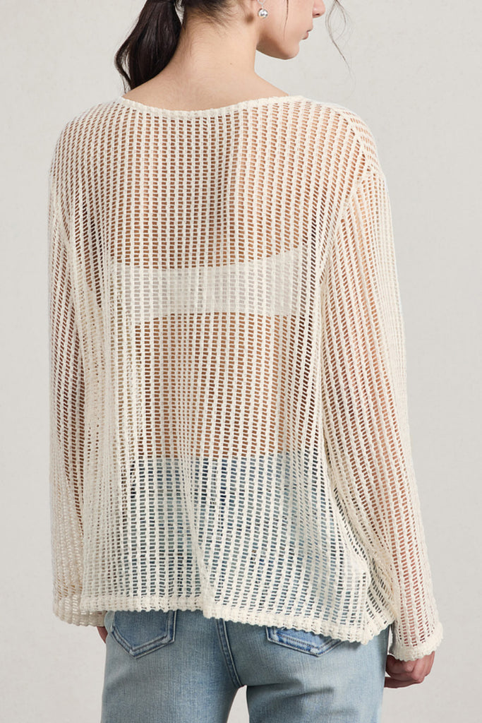Relaxed Open-Knit Sheer Long-Sleeve Beach Cover-Up Top  Fibflx