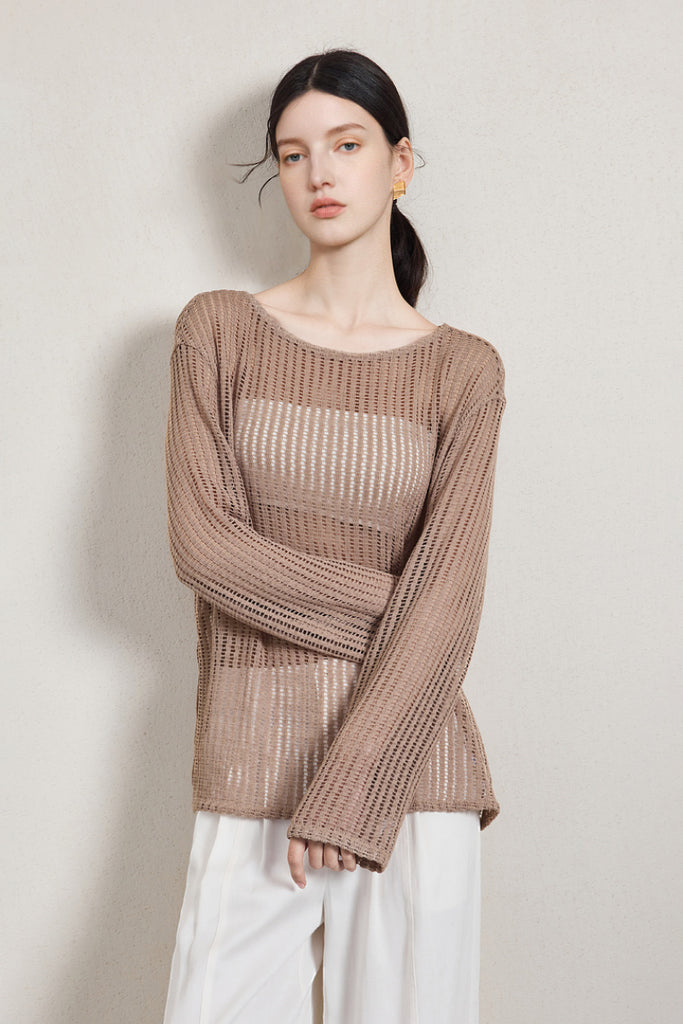 Relaxed Open-Knit Sheer Long-Sleeve Beach Cover-Up Top L / Khaki Beige / 99% Polyester 1.0% Spandex Fibflx