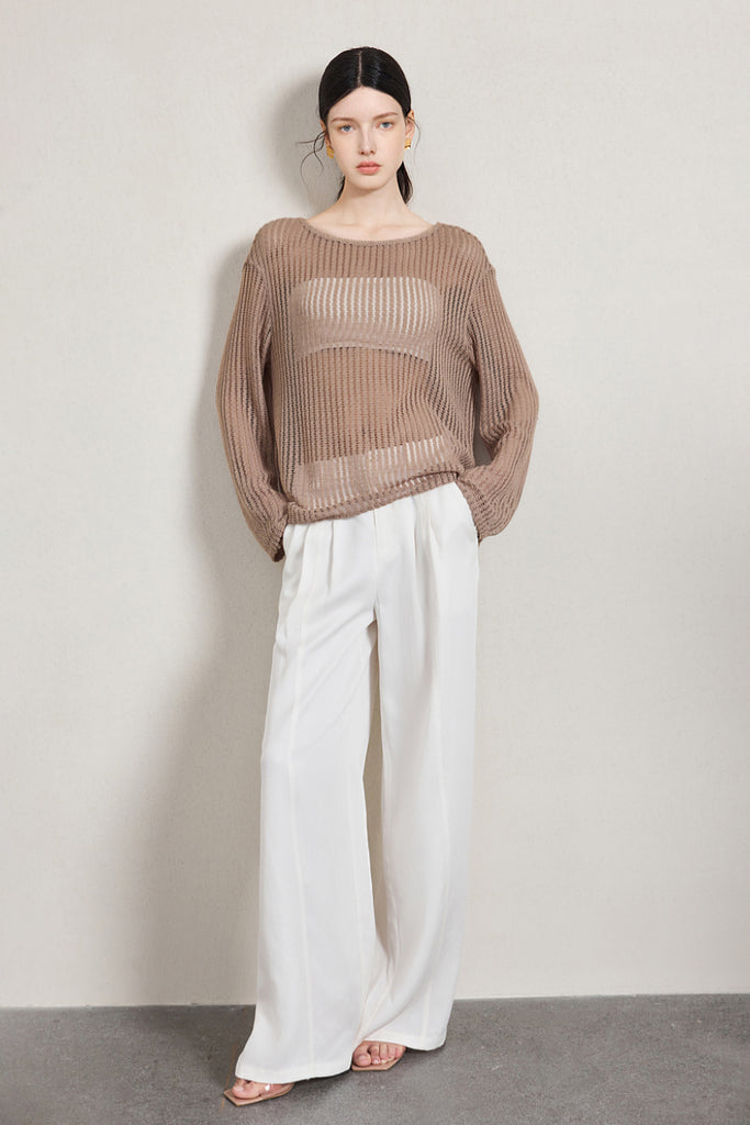 Relaxed Open-Knit Sheer Long-Sleeve Beach Cover-Up Top  Fibflx