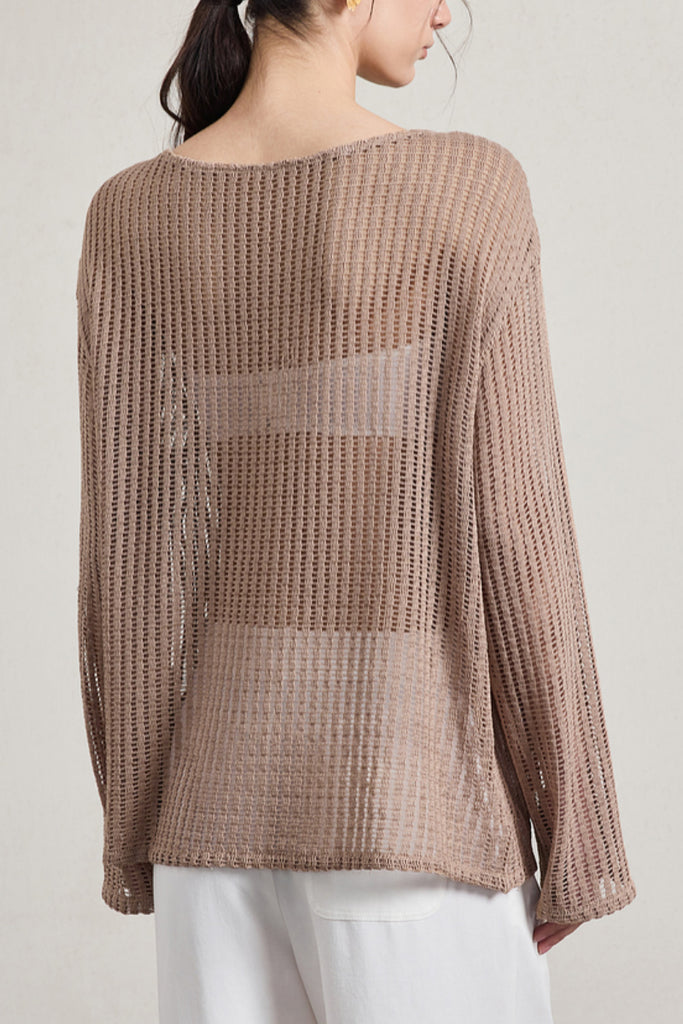 Relaxed Open-Knit Sheer Long-Sleeve Beach Cover-Up Top  Fibflx