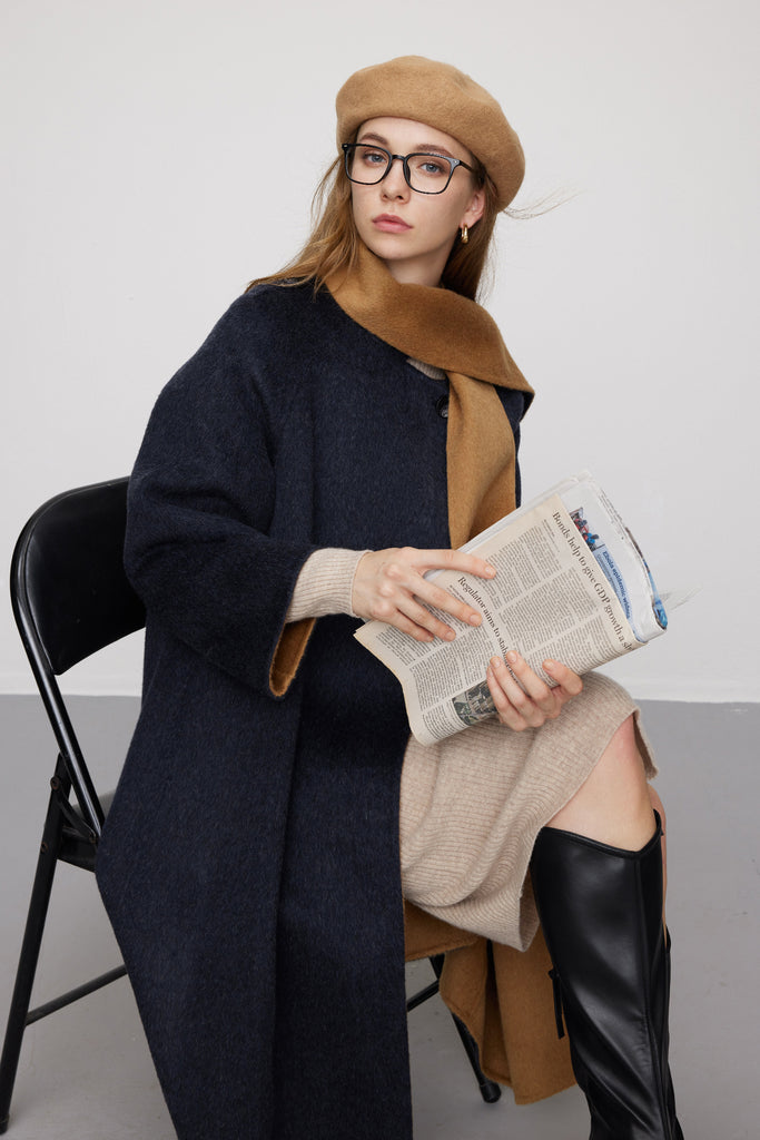 Reversible Alpaca Wool-Silk Double-Faced Scarf Coat Mid Night Blue / M Fibflx