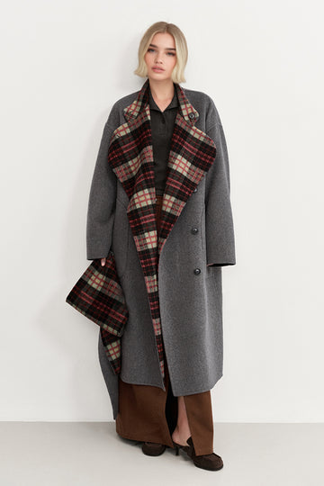 Fibflx Women's Reversible Double-Face Wool Blend Plaid Coat with Scarf