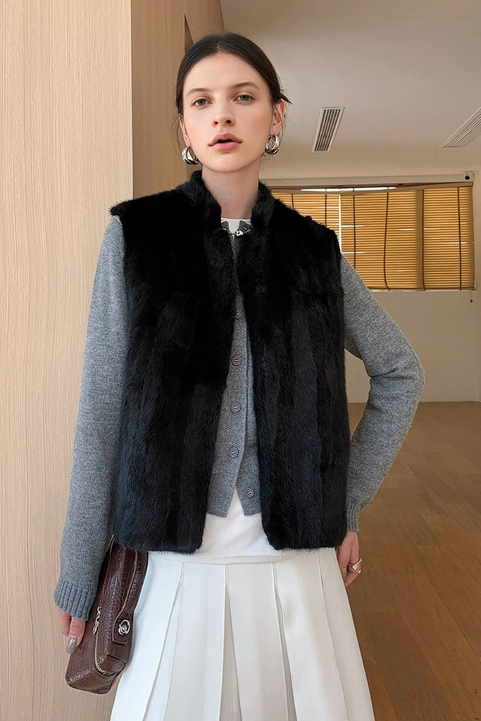 Reversible Mink Fur Jacquard Vest in Black  Fibflx