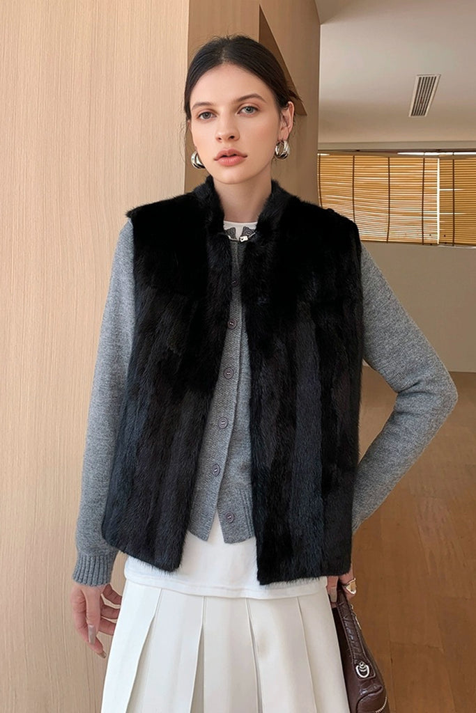 Reversible Mink Fur Jacquard Vest in Black  Fibflx