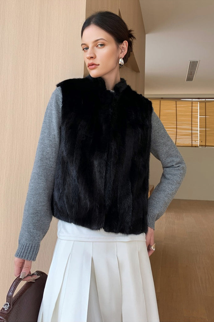 Reversible Mink Fur Jacquard Vest in Black  Fibflx