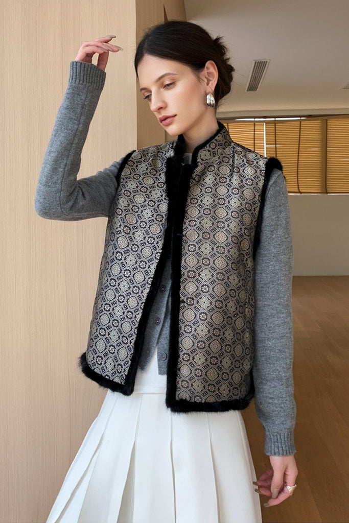 Reversible Mink Fur Jacquard Vest in Black  Fibflx