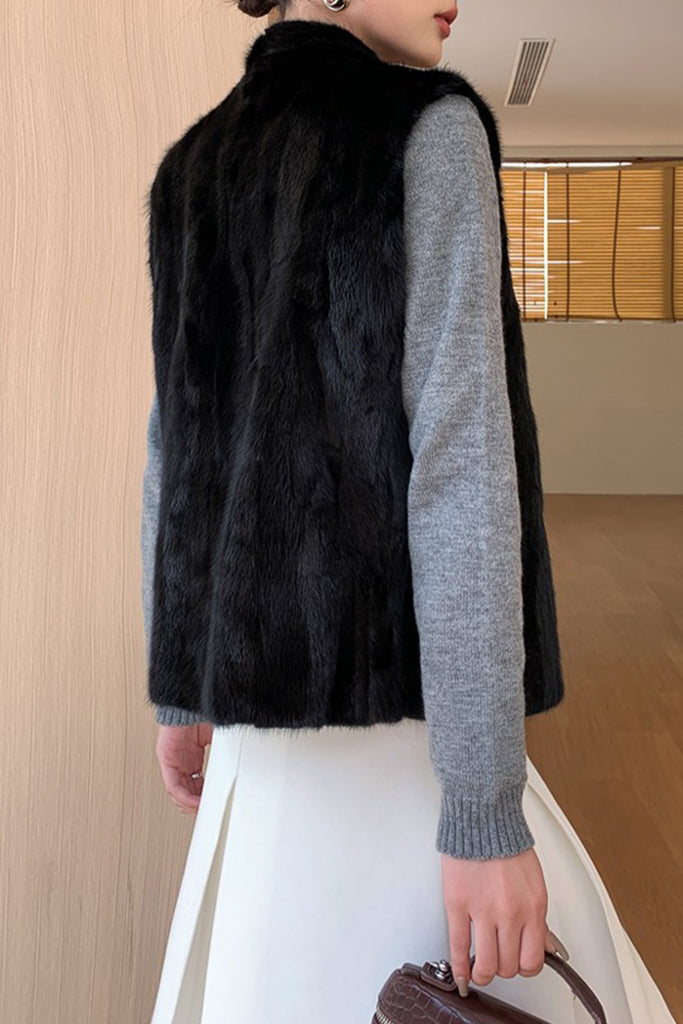 Reversible Mink Fur Jacquard Vest in Black  Fibflx