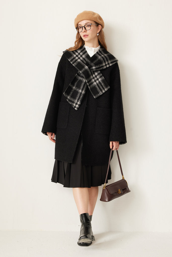 Reversible Plaid Alpaca Wool Double-Faced Coat with Scarf Collar  Fibflx