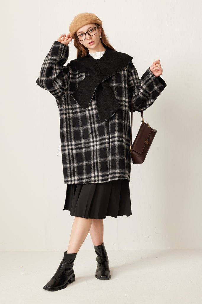 Reversible Plaid Alpaca Wool Double-Faced Coat with Scarf Collar  Fibflx
